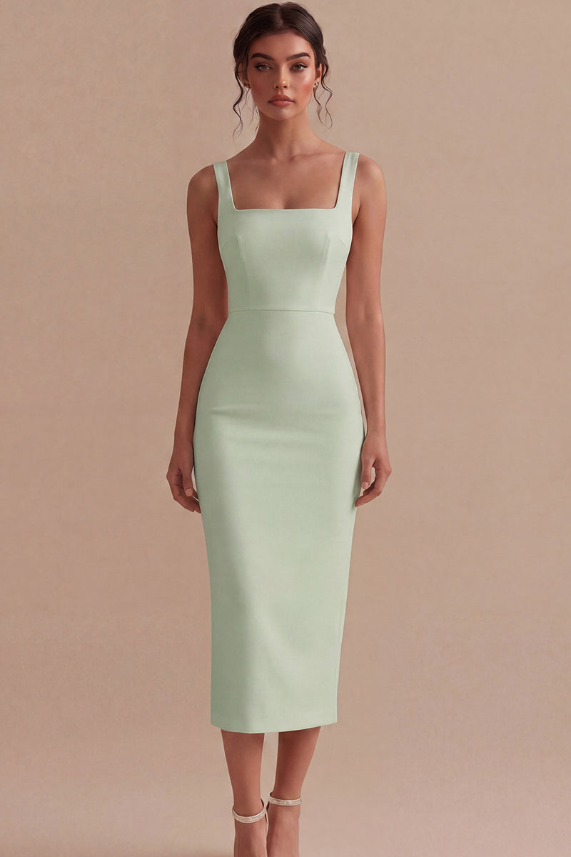 Laden Sie das Bild in den Galerie-Viewer, Weißes Sheath Midi Satin Standesamt Kleid mit Quadrathals