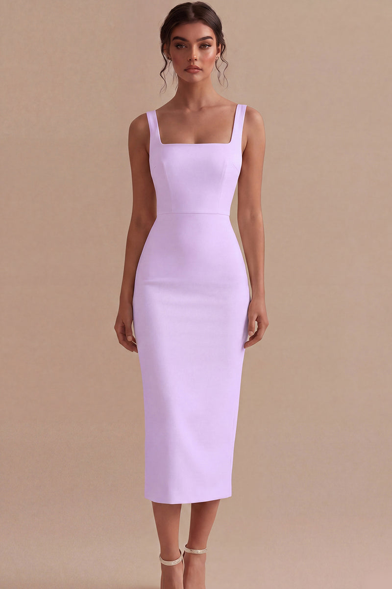 Laden Sie das Bild in den Galerie-Viewer, Weißes Sheath Midi Satin Standesamt Kleid mit Quadrathals