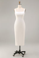 Laden Sie das Bild in den Galerie-Viewer, Weißes Sheath Midi Satin Standesamt Kleid mit Quadrathals