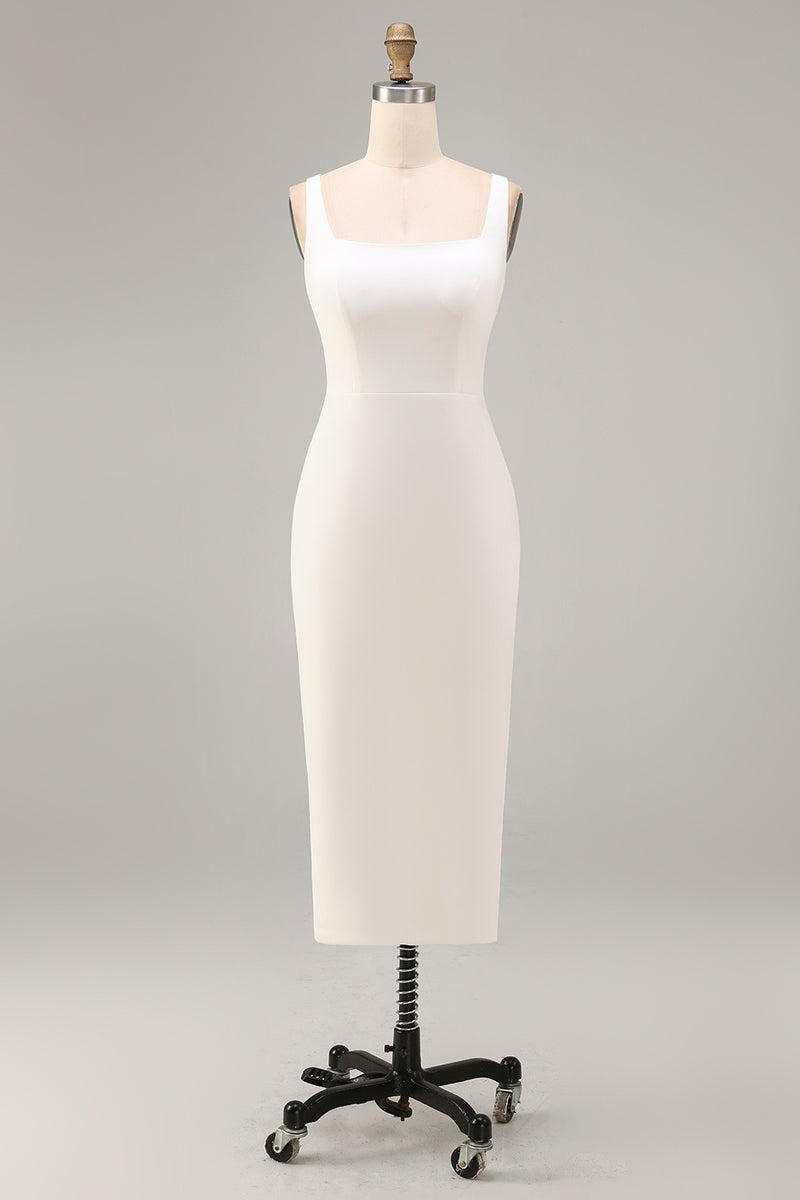Laden Sie das Bild in den Galerie-Viewer, Weißes Sheath Midi Satin Standesamt Kleid mit Quadrathals