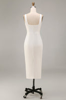 Laden Sie das Bild in den Galerie-Viewer, Weißes Sheath Midi Satin Standesamt Kleid mit Quadrathals