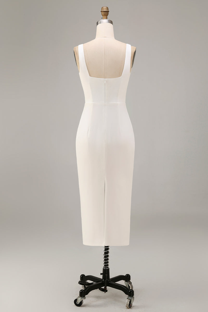 Laden Sie das Bild in den Galerie-Viewer, Weißes Sheath Midi Satin Standesamt Kleid mit Quadrathals