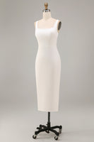 Laden Sie das Bild in den Galerie-Viewer, Weißes Sheath Midi Satin Standesamt Kleid mit Quadrathals
