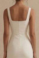 Laden Sie das Bild in den Galerie-Viewer, Weißes Sheath Midi Satin Standesamt Kleid mit Quadrathals