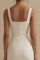 Laden Sie das Bild in den Galerie-Viewer, Weißes Sheath Midi Satin Standesamt Kleid mit Quadrathals