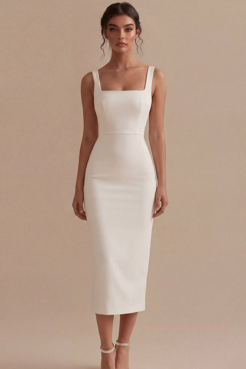 Laden Sie das Bild in den Galerie-Viewer, Weißes Sheath Midi Satin Standesamt Kleid mit Quadrathals