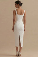 Laden Sie das Bild in den Galerie-Viewer, Weißes Jacquard Etui Standesamt Kleid mit Quadrathals