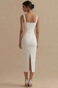 Weißes Jacquard Etui Standesamt Kleid mit Quadrathals