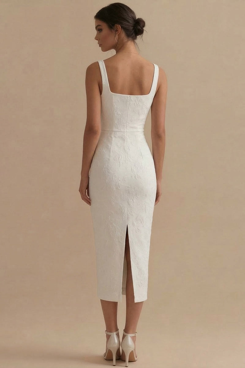 Laden Sie das Bild in den Galerie-Viewer, Weißes Jacquard Etui Standesamt Kleid mit Quadrathals