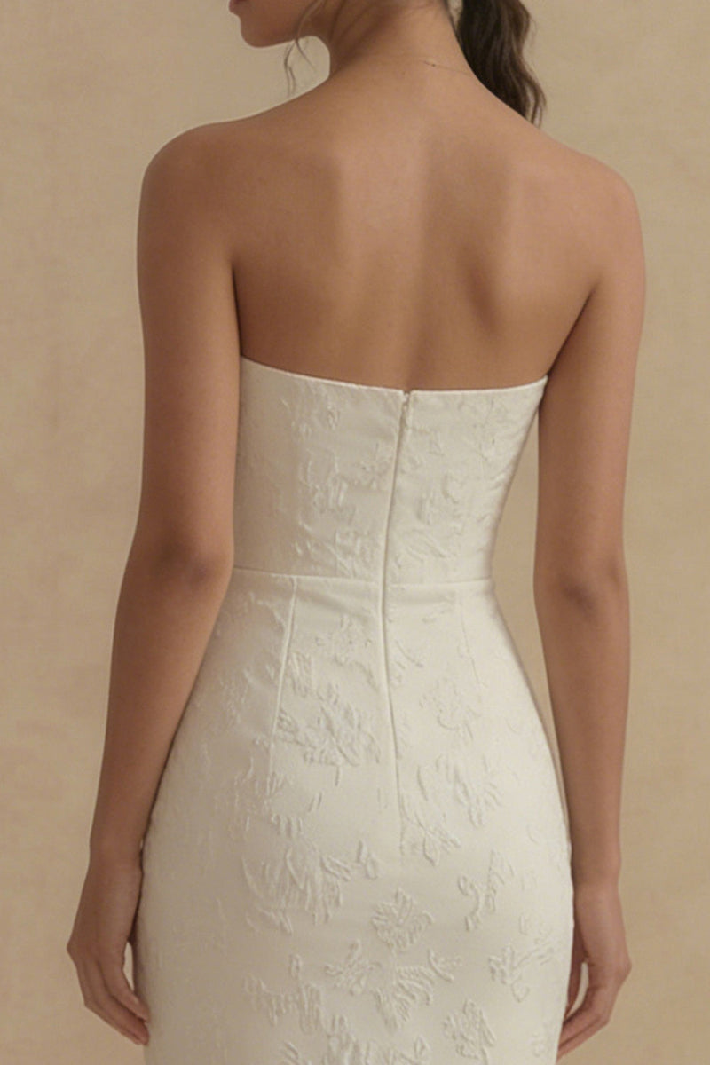 Laden Sie das Bild in den Galerie-Viewer, Trägerloses Jacquard Weißes Meerjungfrauen Midi Standesamt Kleid