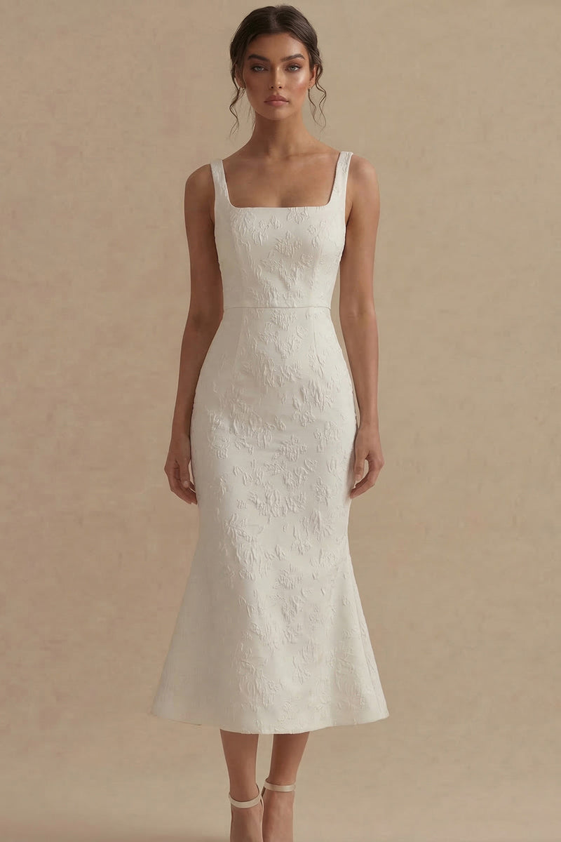 Laden Sie das Bild in den Galerie-Viewer, Weißes Jacquard Meerjungfrauen Midi Standesamt Kleid mit Quadrathals