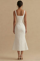Laden Sie das Bild in den Galerie-Viewer, Weißes Jacquard Meerjungfrauen Midi Standesamt Kleid mit Quadrathals