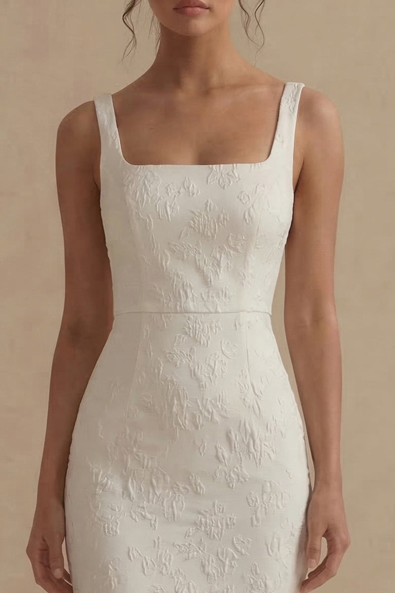 Laden Sie das Bild in den Galerie-Viewer, Weißes Jacquard Meerjungfrauen Midi Standesamt Kleid mit Quadrathals