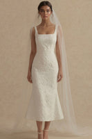 Laden Sie das Bild in den Galerie-Viewer, Weißes Jacquard Meerjungfrauen Midi Standesamt Kleid mit Quadrathals