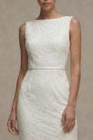 Laden Sie das Bild in den Galerie-Viewer, Weißes Bodycon Bateau-Hals Spitze Midi Standesamtkleid