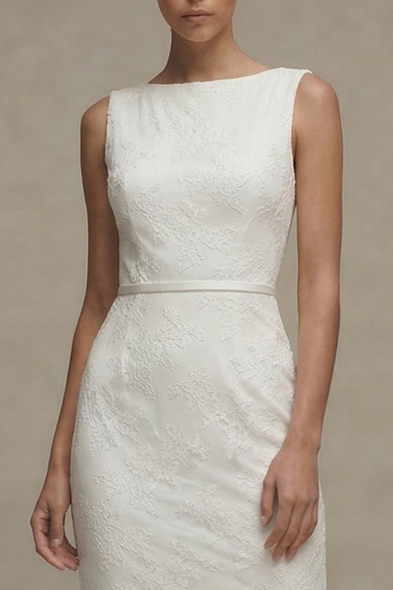 Laden Sie das Bild in den Galerie-Viewer, Weißes Bodycon Bateau-Hals Spitze Midi Standesamtkleid