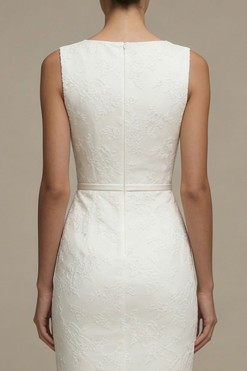 Laden Sie das Bild in den Galerie-Viewer, Weißes Bodycon Bateau-Hals Spitze Midi Standesamtkleid