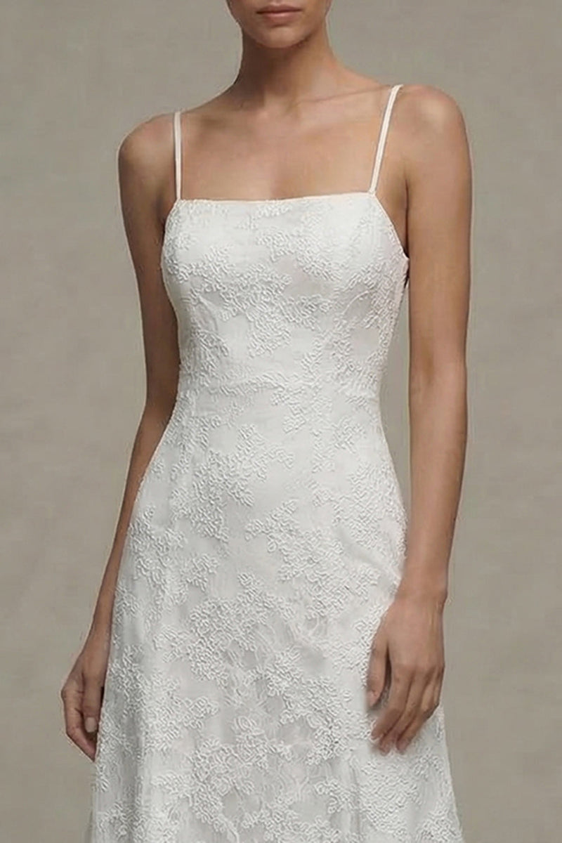 Laden Sie das Bild in den Galerie-Viewer, Weißes Spaghetti-Träger Spitze A-Linie Midi Standesamtkleid