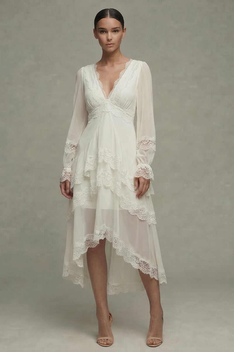 Laden Sie das Bild in den Galerie-Viewer, Weißes V-Ausschnitt Midi Standesamtkleid mit Rüschen und Spitze