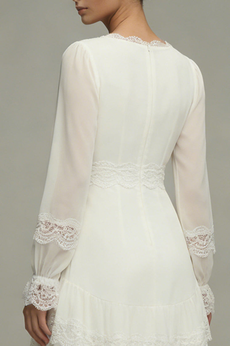 Laden Sie das Bild in den Galerie-Viewer, Weißes V-Ausschnitt Midi Standesamtkleid mit Rüschen und Spitze