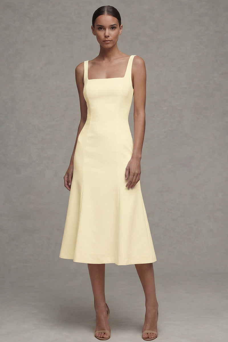 Laden Sie das Bild in den Galerie-Viewer, Weißes A-Linie Satin-Quadrathals Midi Standesamtkleid