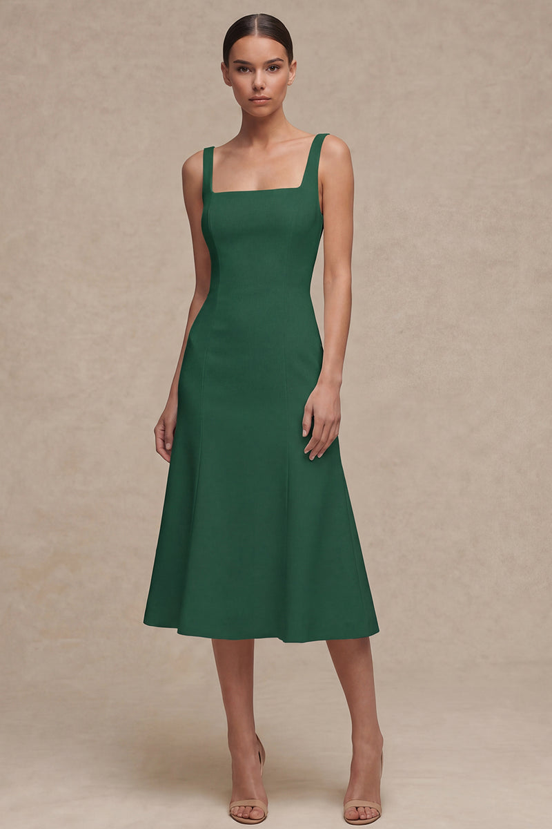 Laden Sie das Bild in den Galerie-Viewer, Weißes A-Linie Satin-Quadrathals Midi Standesamtkleid