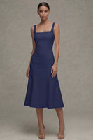 Laden Sie das Bild in den Galerie-Viewer, Weißes A-Linie Satin-Quadrathals Midi Standesamtkleid