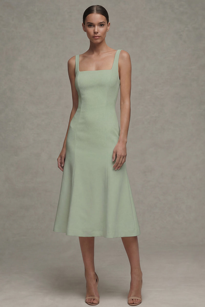 Laden Sie das Bild in den Galerie-Viewer, Weißes A-Linie Satin-Quadrathals Midi Standesamtkleid