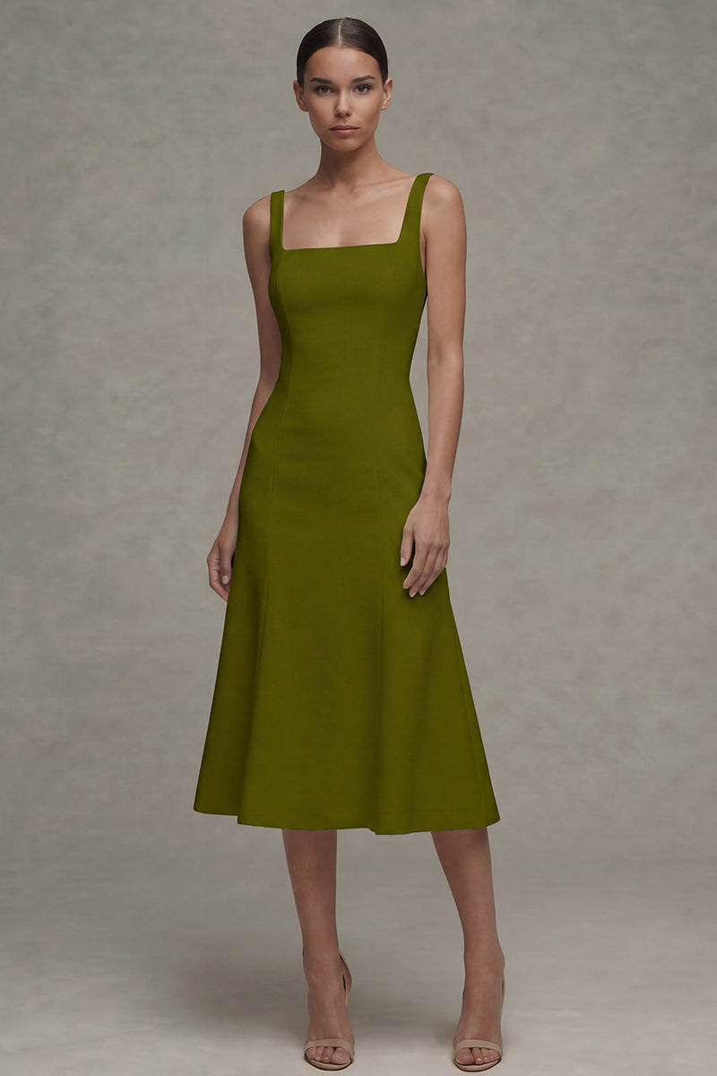Laden Sie das Bild in den Galerie-Viewer, Weißes A-Linie Satin-Quadrathals Midi Standesamtkleid