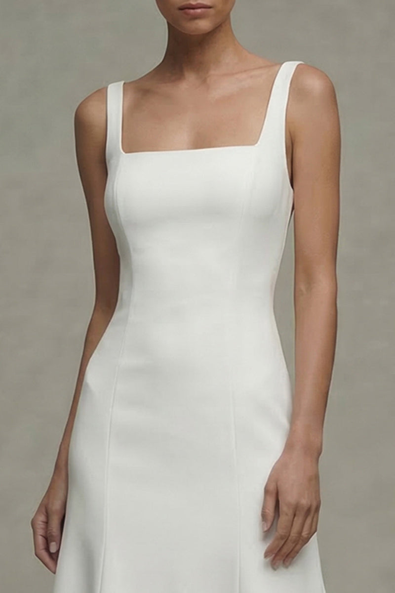 Laden Sie das Bild in den Galerie-Viewer, Weißes A-Linie Satin-Quadrathals Midi Standesamtkleid