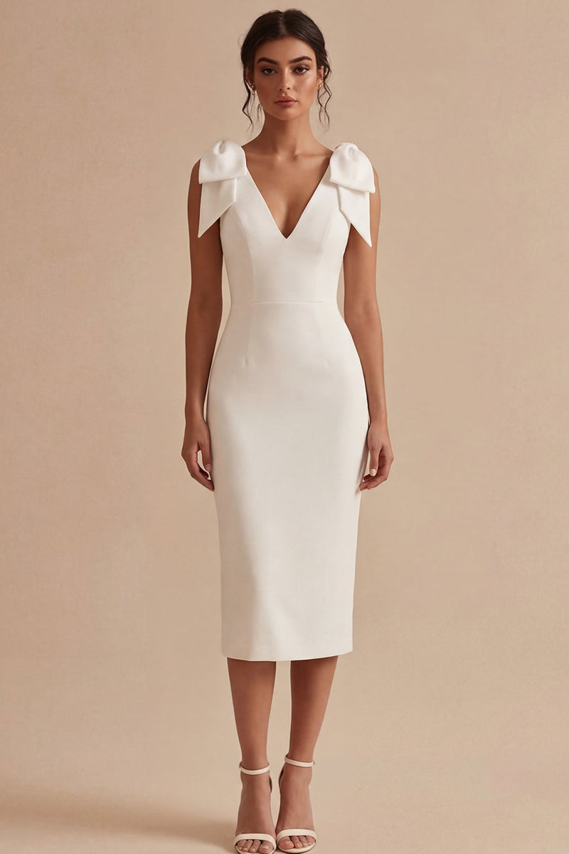 Laden Sie das Bild in den Galerie-Viewer, Weißes Bodycon Satin V-Ausschnitt Midi Standesamtkleid mit Schleifen