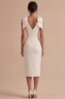 Laden Sie das Bild in den Galerie-Viewer, Weißes Bodycon Satin V-Ausschnitt Midi Standesamtkleid mit Schleifen