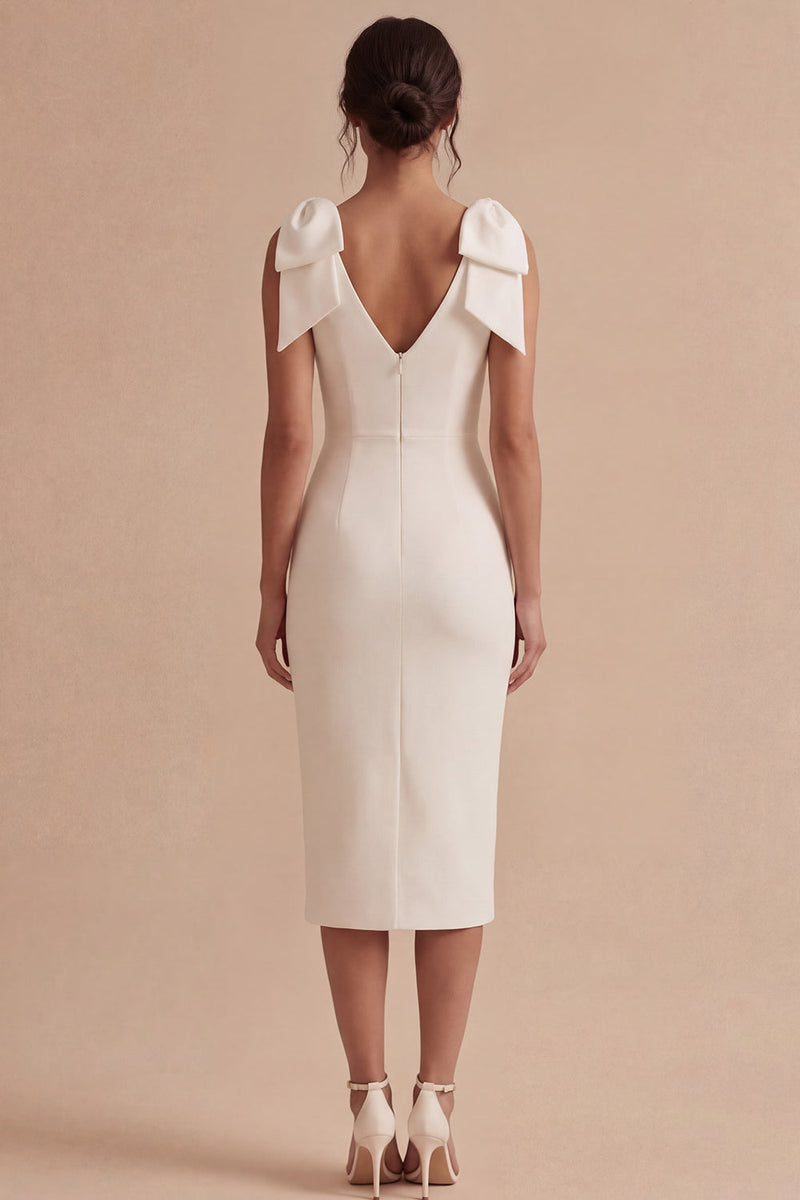 Laden Sie das Bild in den Galerie-Viewer, Weißes Bodycon Satin V-Ausschnitt Midi Standesamtkleid mit Schleifen