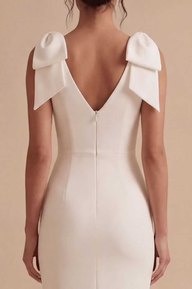 Laden Sie das Bild in den Galerie-Viewer, Weißes Bodycon Satin V-Ausschnitt Midi Standesamtkleid mit Schleifen