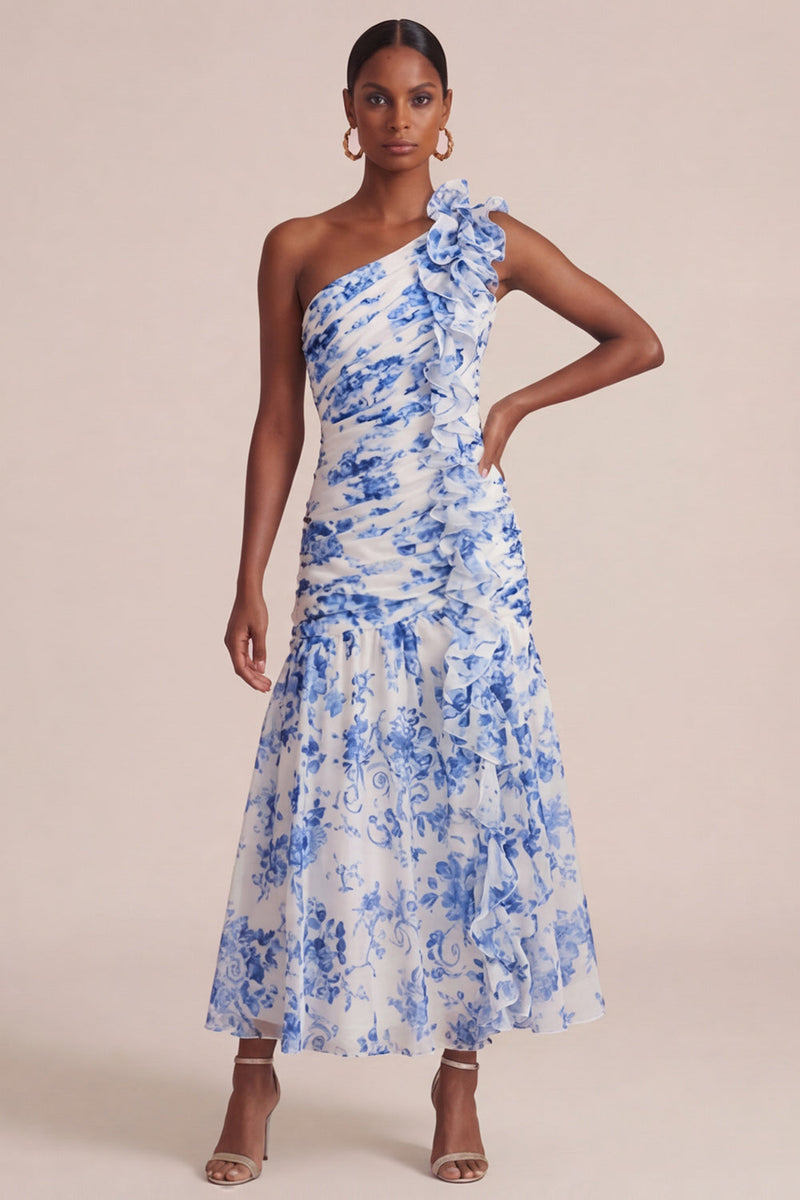 Laden Sie das Bild in den Galerie-Viewer, Blaues Blumen-A-Linie-Ein-Schulter-Gästekleid mit Rüschen