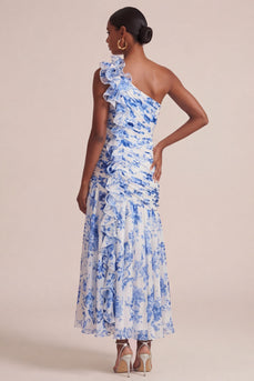Blaues Blumen-A-Linie-Ein-Schulter-Gästekleid mit Rüschen