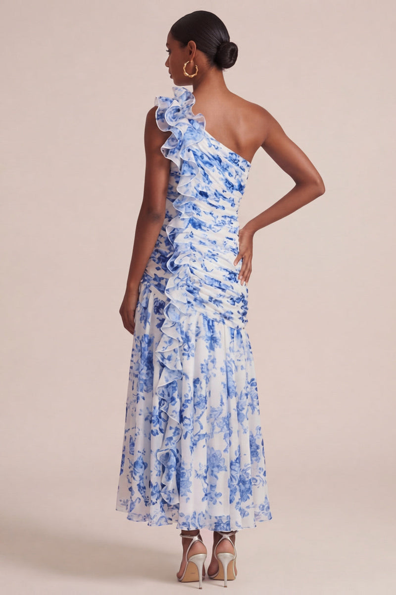 Laden Sie das Bild in den Galerie-Viewer, Blaues Blumen-A-Linie-Ein-Schulter-Gästekleid mit Rüschen