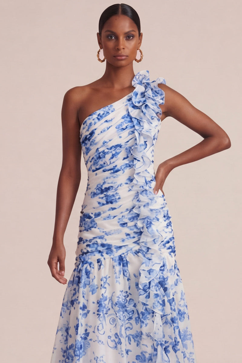 Laden Sie das Bild in den Galerie-Viewer, Blaues Blumen-A-Linie-Ein-Schulter-Gästekleid mit Rüschen