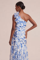 Laden Sie das Bild in den Galerie-Viewer, Blaues Blumen-A-Linie-Ein-Schulter-Gästekleid mit Rüschen