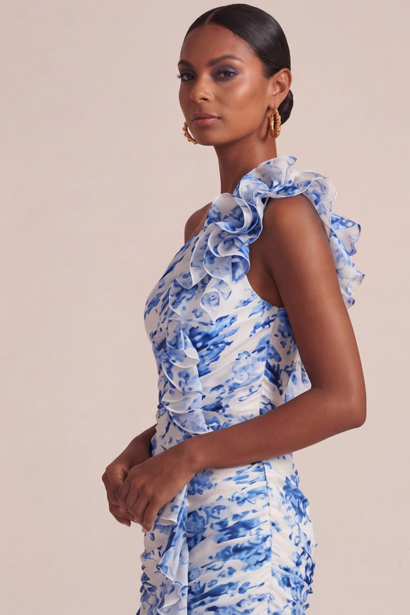 Laden Sie das Bild in den Galerie-Viewer, Blaues Blumen-A-Linie-Ein-Schulter-Gästekleid mit Rüschen