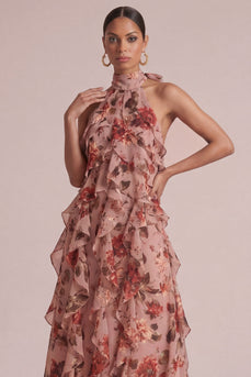 Dusty Rose Neckholder, gerüschendes Blumen-Langzeitskleid für Hochzeitsgäste