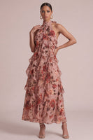 Laden Sie das Bild in den Galerie-Viewer, Dusty Rose Neckholder, gerüschendes Blumen-Langzeitskleid für Hochzeitsgäste