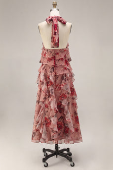 Dusty Rose Neckholder, gerüschendes Blumen-Langzeitskleid für Hochzeitsgäste