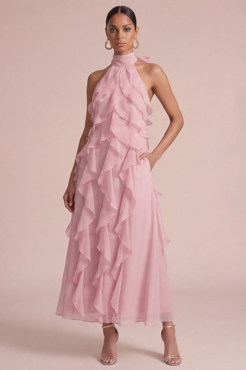 Laden Sie das Bild in den Galerie-Viewer, Dusty Rose Neckholder, gerüschendes Blumen-Langzeitskleid für Hochzeitsgäste