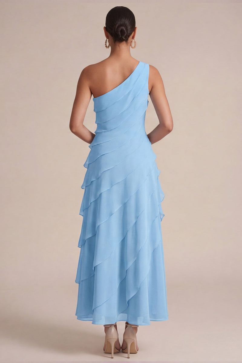 Laden Sie das Bild in den Galerie-Viewer, Marineblaues Ein-Schulter-A-Linie langes Hochzeitskleid mit 3D-Blume