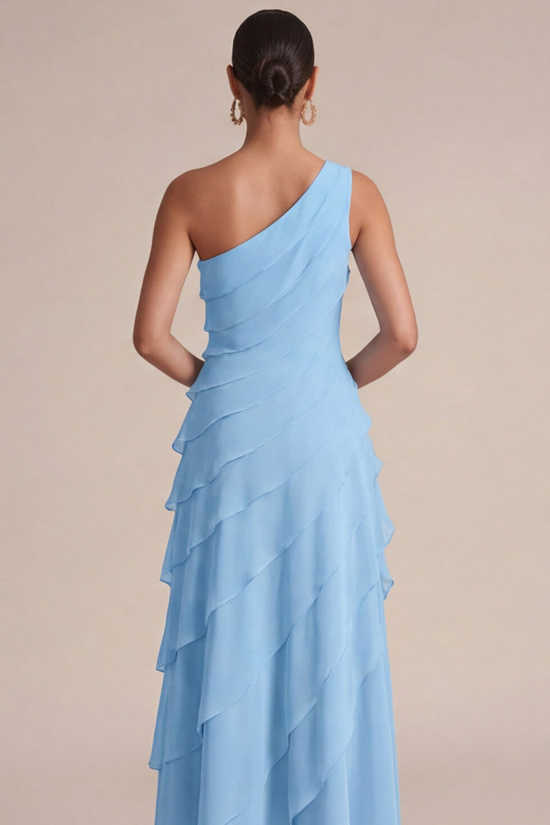 Laden Sie das Bild in den Galerie-Viewer, Marineblaues Ein-Schulter-A-Linie langes Hochzeitskleid mit 3D-Blume