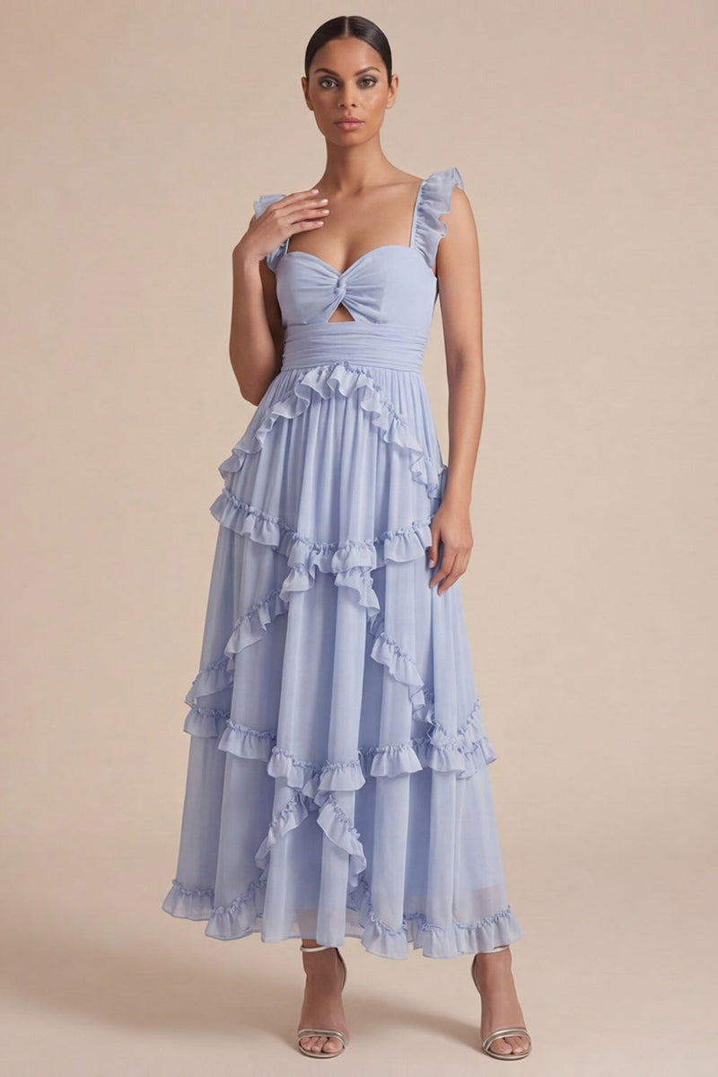 Laden Sie das Bild in den Galerie-Viewer, Hellblaues A-Linien-Rüschen-Cut-out-Midi-Hochzeitskleid