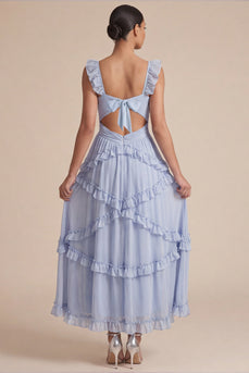 Hellblaues A-Linien-Rüschen-Cut-out-Midi-Hochzeitskleid