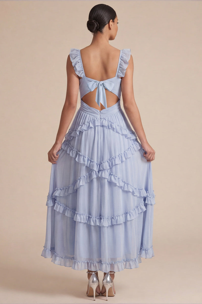 Laden Sie das Bild in den Galerie-Viewer, Hellblaues A-Linien-Rüschen-Cut-out-Midi-Hochzeitskleid