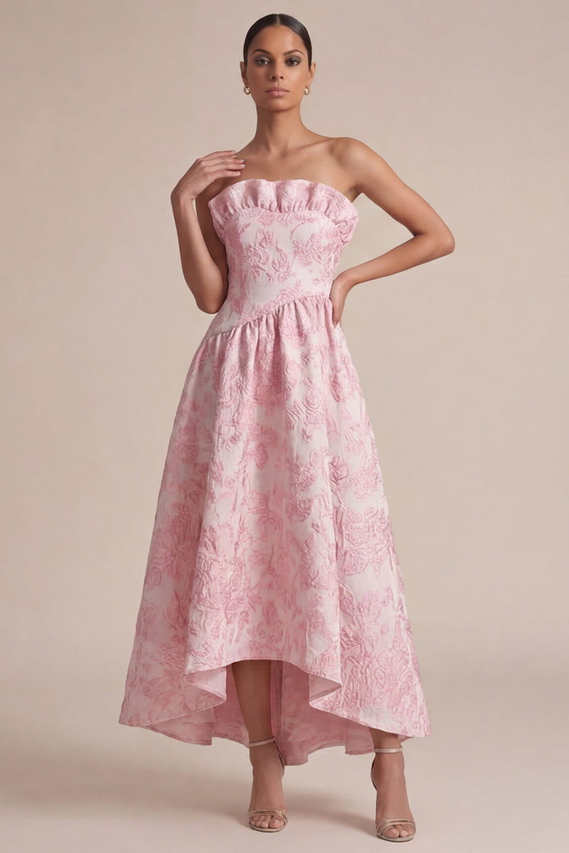 Laden Sie das Bild in den Galerie-Viewer, Rosa trägerloses A-Linie florales Midi-Hochzeitskleid